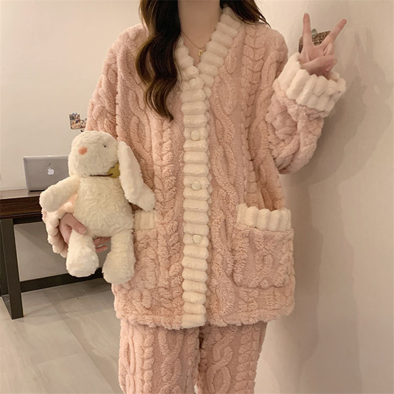 珊瑚绒睡衣女冬季加绒加厚法兰绒