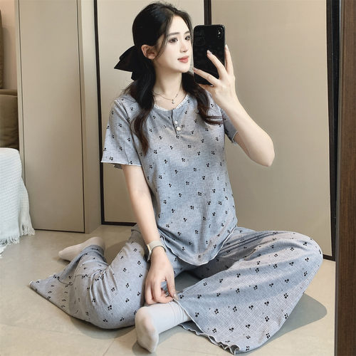 短袖长裤睡衣女夏带胸垫灰色碎花