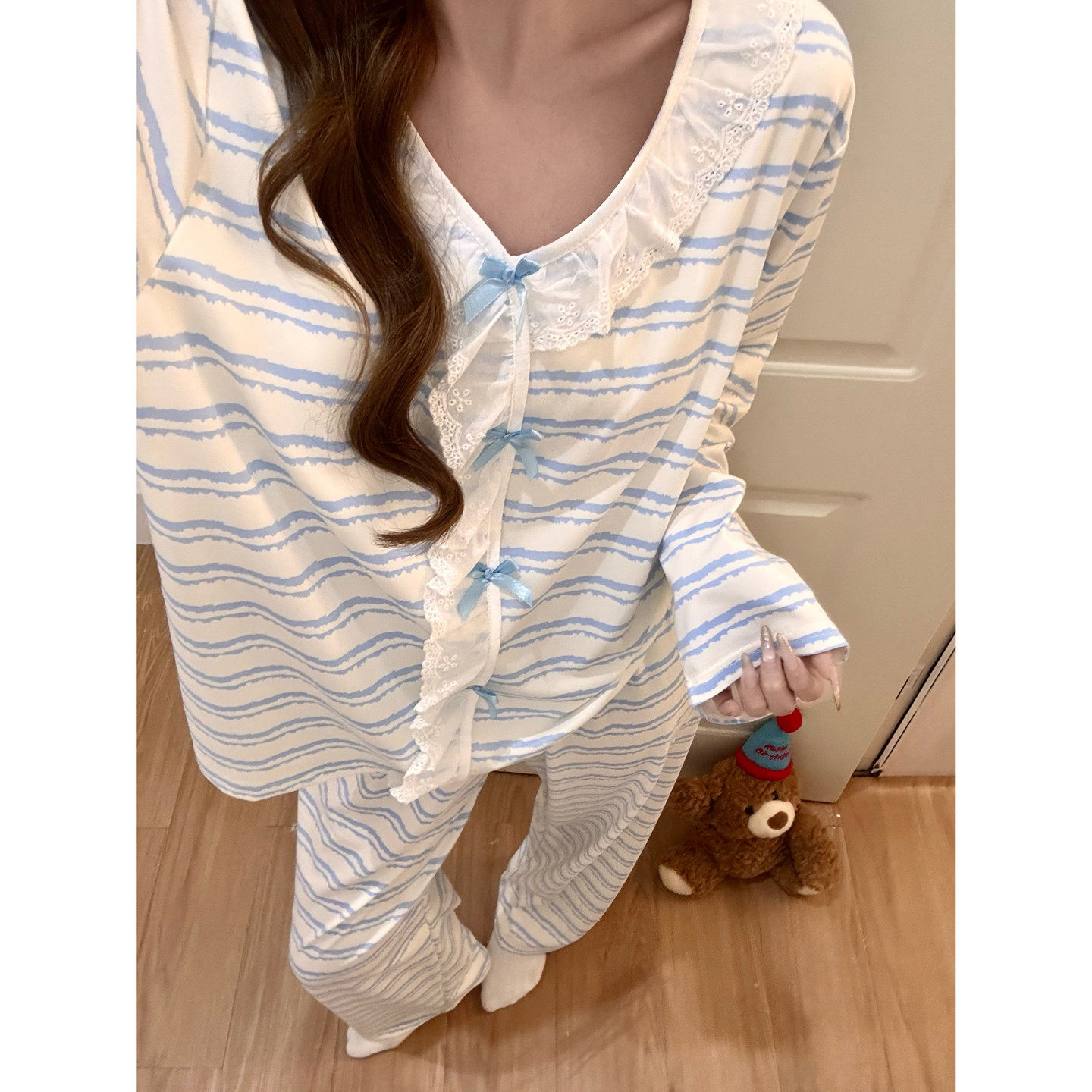 带胸垫条纹睡衣女款春秋季2026新款高级感蕾丝花边长袖套装家居服,女士内衣/男士内衣/家居服,睡衣/家居服套装,淘宝优惠券,粉丝福利购,淘宝优惠卷