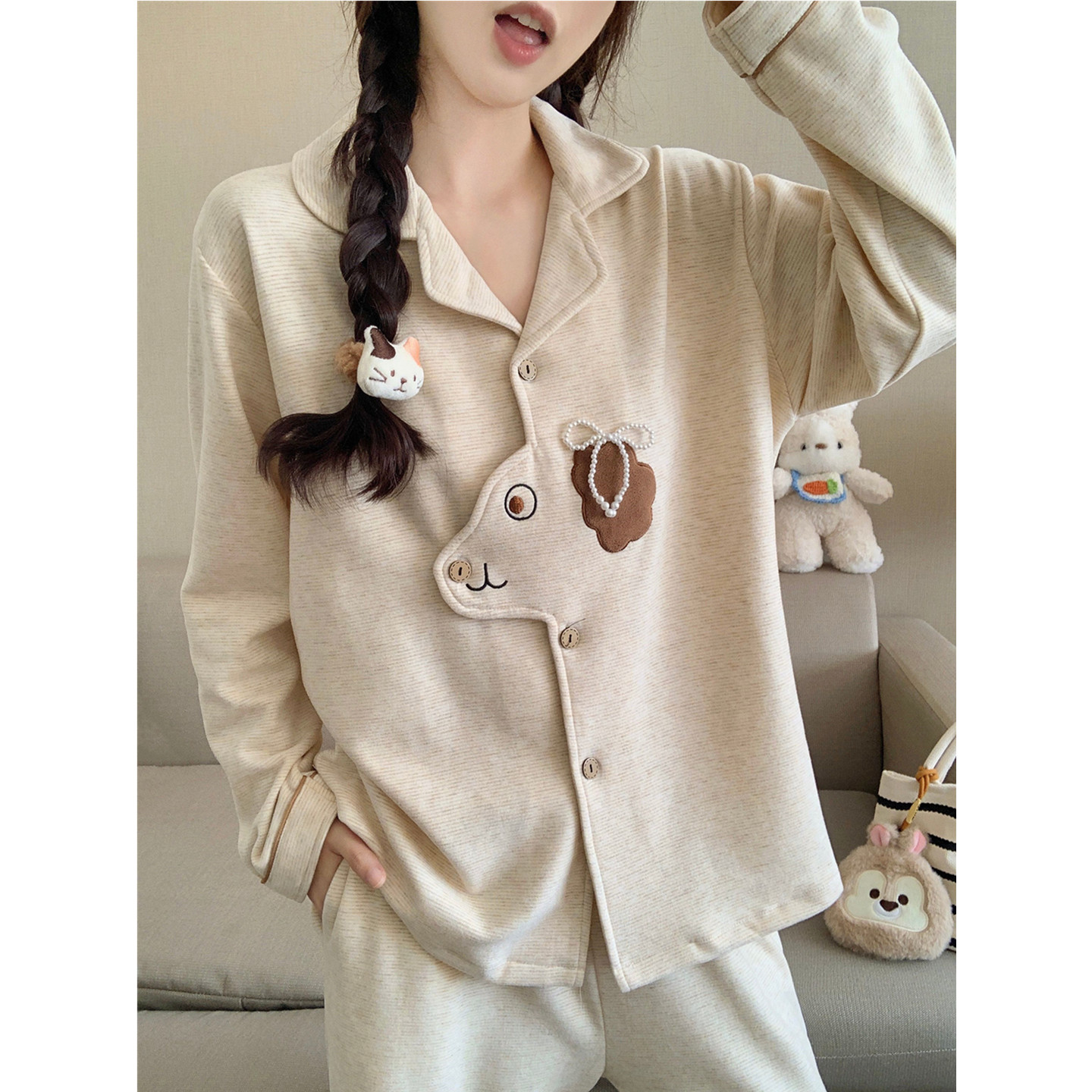 可爱小狗羊绒睡衣女秋冬加厚保暖