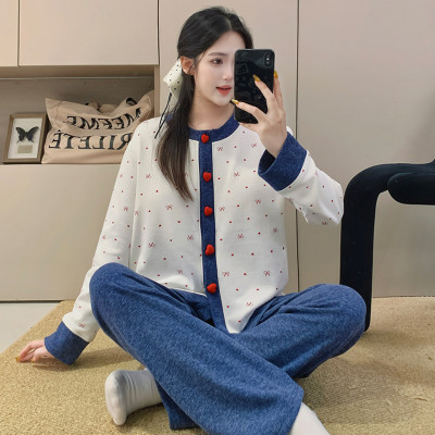 羊绒睡衣女带胸垫加厚保暖套装