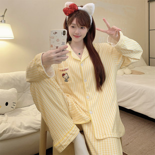 德绒睡衣女款秋冬季加厚保暖2025新款可爱格子KT猫长袖套装家居服