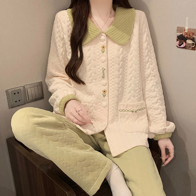 空气棉夹层睡衣女秋冬季加厚套装