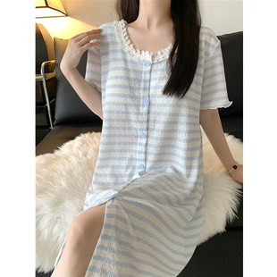 短袖 睡衣裙家居服 莫代爾性感帶胸墊中長款 甜美條紋花邊睡裙女夏季