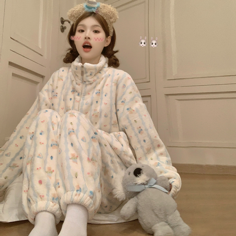 珊瑚绒睡衣女冬季加绒加厚家居服