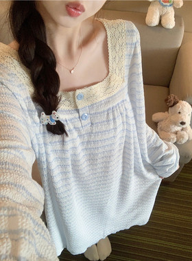 韩系蓝色条纹睡裙女2025新款春秋季带胸垫公主风长袖睡衣裙家居服