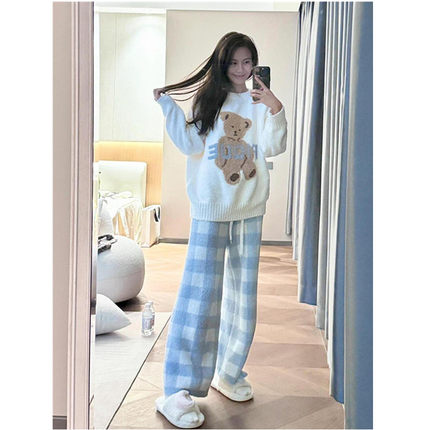 韩版可爱小熊毛绒针织睡衣女冬季加绒加厚半边绒家居服套装可外穿