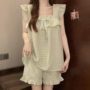 性感吊带短裤睡衣女款夏季带胸垫纯棉甜美绿色格子夏天家居服套装