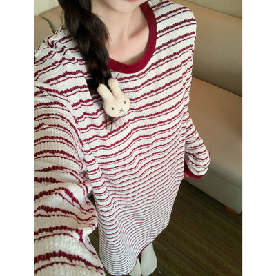 带胸垫长袖睡裙女春秋季红色条纹