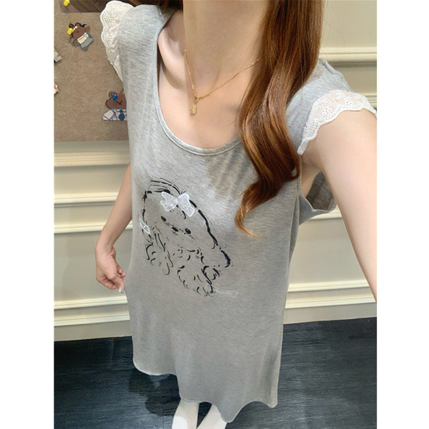 卡通小狗背心睡裙女夏季莫代尔带胸垫蕾丝边中长款吊带睡衣家居服