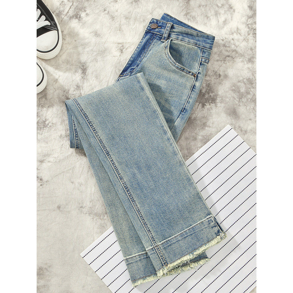 流苏直筒牛仔裤女小个子九分2026春季新款高腰显瘦窄版开叉烟管裤