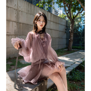 鸢尾紫烟 飘带花朵连衣裙短款春夏新款气质温柔v领长袖收腰短裙