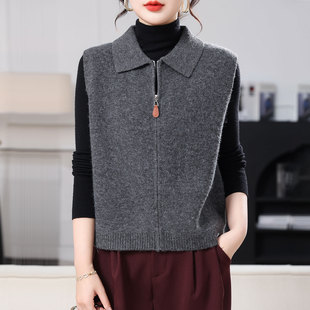 春季新款翻领纯色羊毛针织马甲外套女士洋气百搭短款时尚外穿毛衣