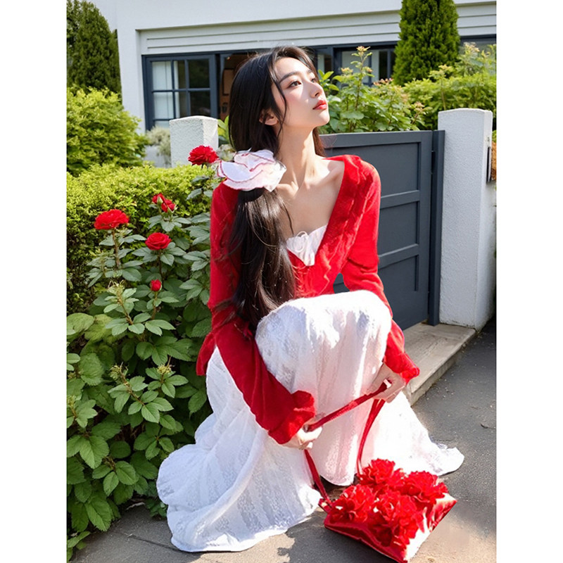 韩系温柔甜美套装裙女春季新款红色开衫+白色吊带长裙两件套
