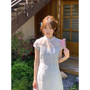 小清新蓝色蝴蝶改良国风新中式连衣裙套装夏季吊带罩裙两件套