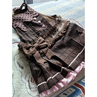 甜美可爱粉棕色格纹拼接连衣裙女早秋季 设计感蝴蝶结lolita蛋糕裙