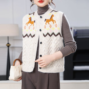 春季新款圆领撞色针织羊毛开衫马甲外套女士时尚百搭无袖外穿毛衣