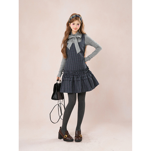 少女心事 秋装新款日系古早vintage设计蝴蝶结上衣格纹连衣裙套装