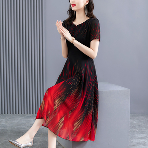 RM14065#短袖减龄长款连衣裙女2023夏新款雪纺圆领气质显瘦大摆度假沙滩裙