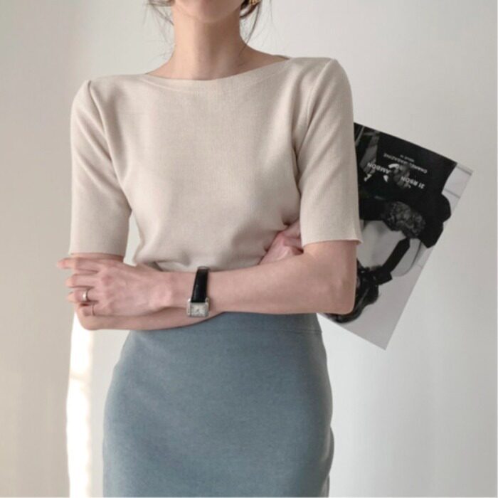 2025款小香风冰丝中袖套头针织衫女春夏薄款短款修身打底衫上衣女