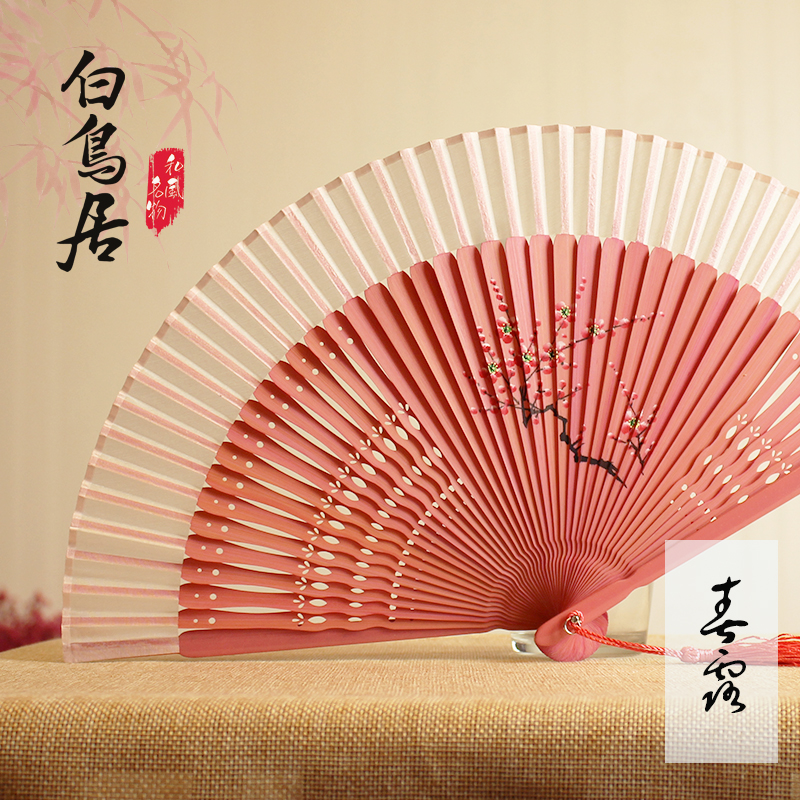 春露手绘日式和风女式扇子中国风折扇竹柄扇礼品扇真丝扇子送扇套