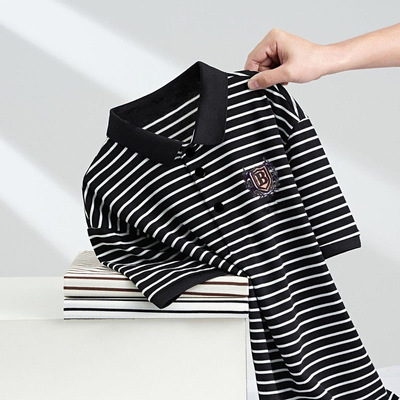 快抢购男士条纹POLO衫冰丝夏季翻领T恤中青年显瘦短袖青少年学生