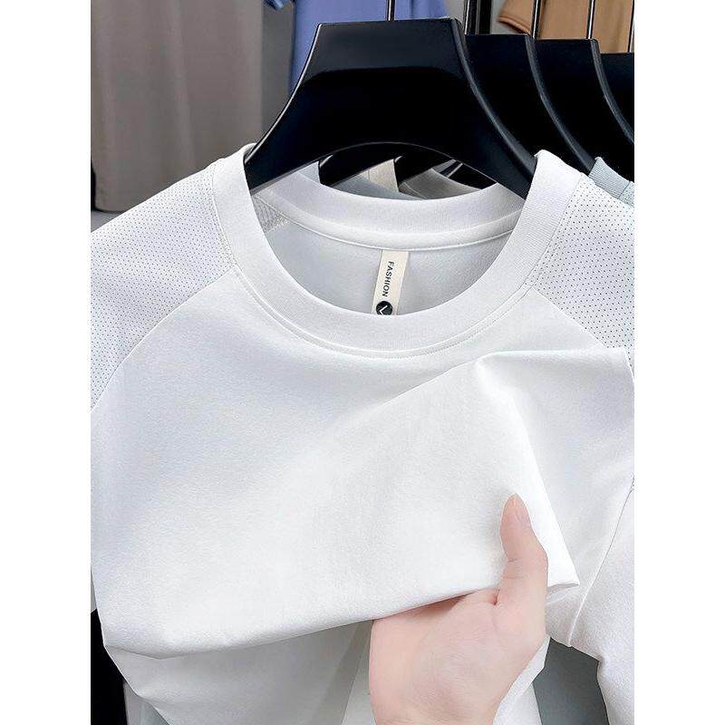 运动风高档短袖t恤男休闲拼接透气孔圆领体恤上衣潮流百搭半截袖