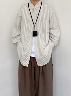 港风条纹宽松长袖衬衫男百搭