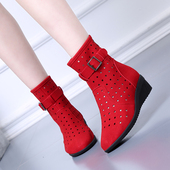 2026春夏真皮镂空透气坡跟洞洞短靴广场舞女鞋 单靴红色表演舞蹈鞋