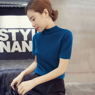 2026款春秋季蓝色冰丝针织衫女薄款T恤修身半高领短袖打底衫上衣