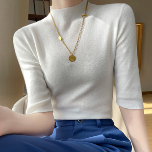 半高领五分袖针织衫女薄款2025秋季新款修身中袖上衣内搭打底衫