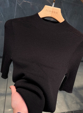 秋季羊毛半高领黑色中袖打底衫女五分袖薄款毛衣中袖软糯内搭上衣