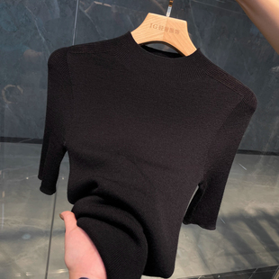 秋季羊毛半高领黑色中袖打底衫女五分袖薄款毛衣中袖软糯内搭上衣