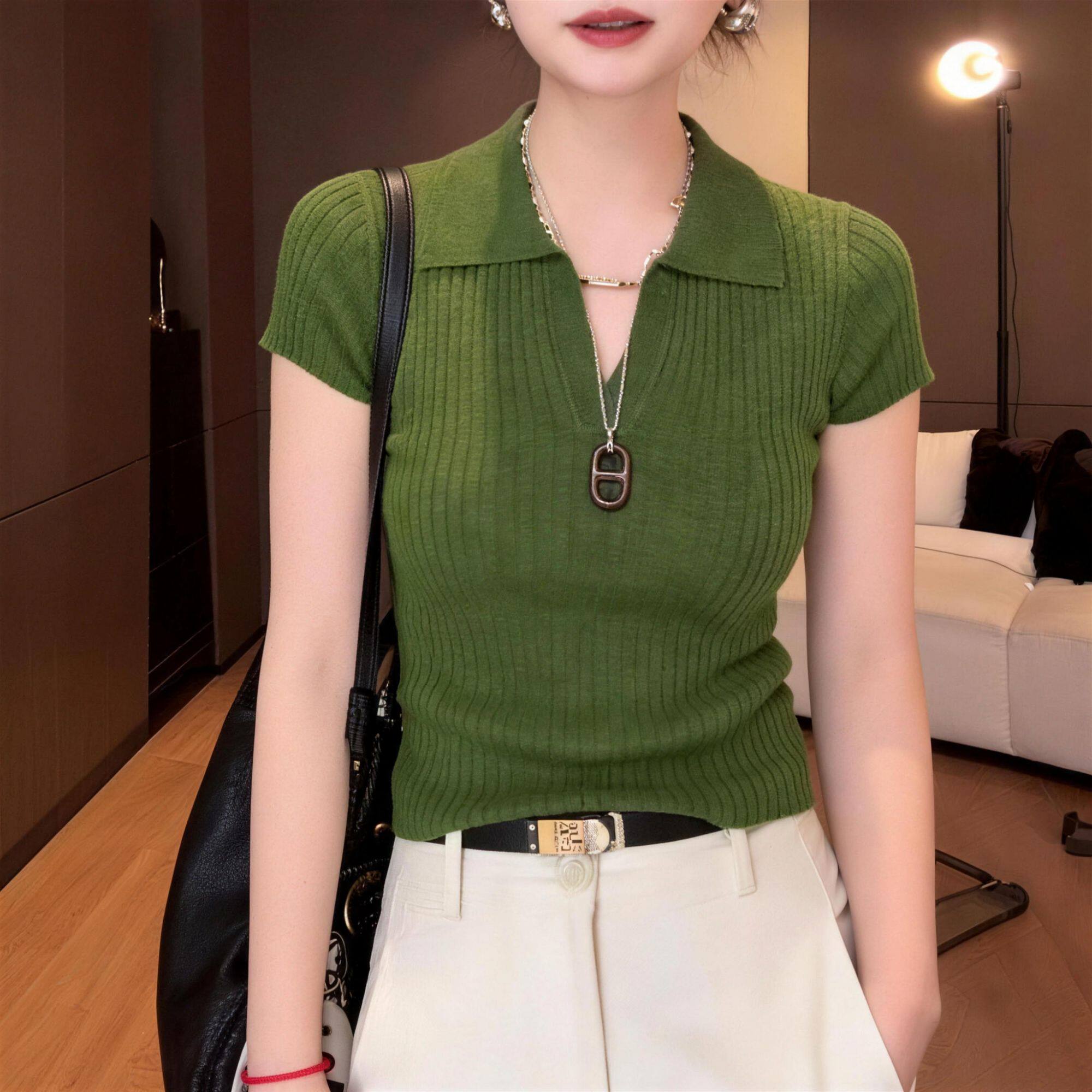 坑条翻领针织短袖t恤女2026春秋新款高级感气质短款牛油果绿上衣