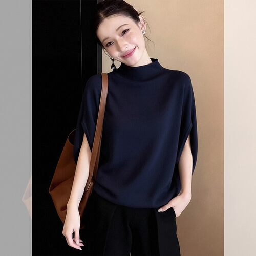 设计感独特好看蓝色半高领蝙蝠袖短袖针织女2026春夏新款小众上衣