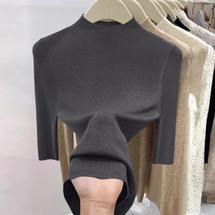 2026早秋新款半高领针织衫女修身显瘦百搭五分袖纯色打底衫上衣女