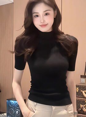 韩系半高领黑色修身打底衫