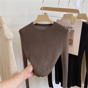 2026春季新款圆领修身弹力打底针织衫女韩版紧身软糯薄款内搭毛衣