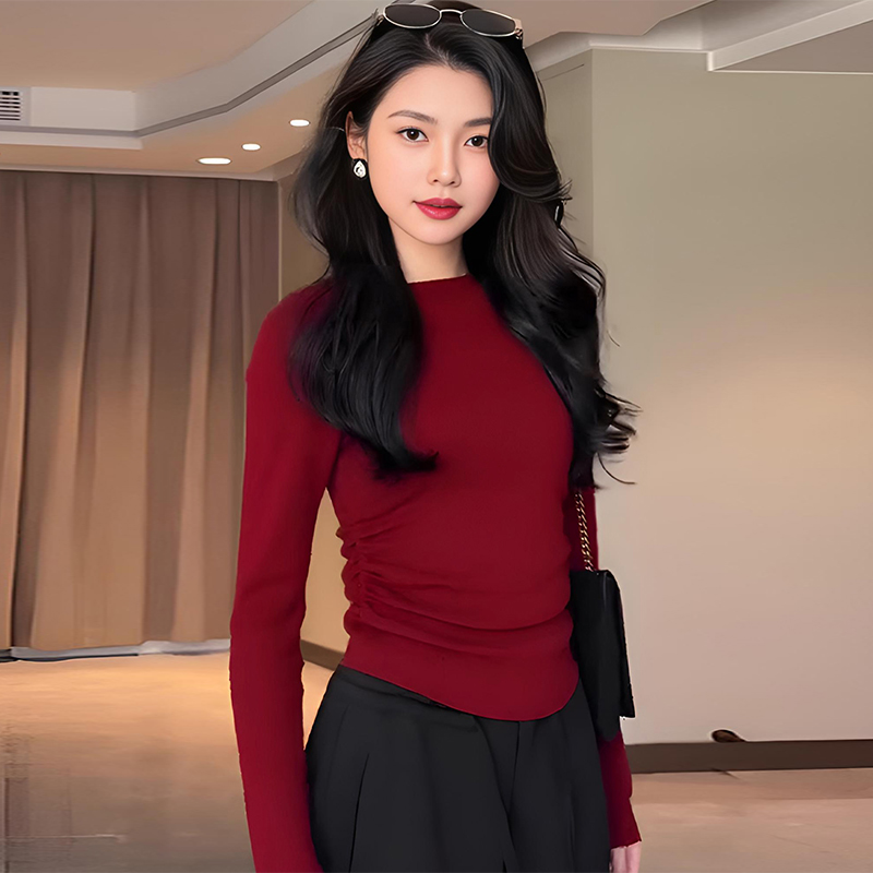 韩系褶皱内搭修身显瘦打底衫上衣