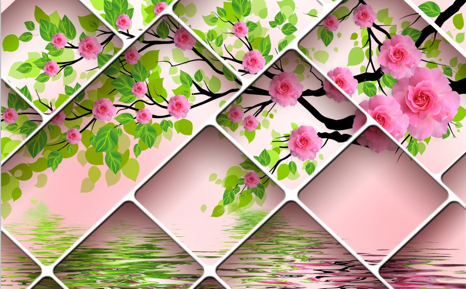 高清3d玫瑰花纹电视背景墙psd模版jpg格式艺术风景写真图片素材g