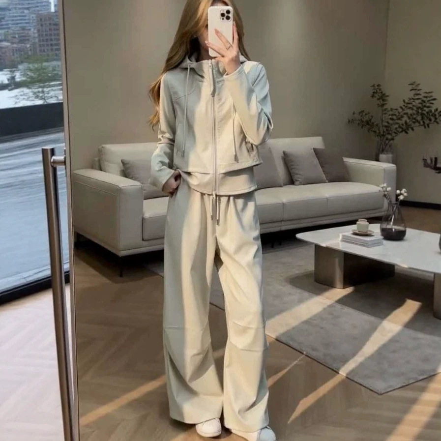 休闲运动套装女2026春秋季新款宽松遮肉显瘦连帽卫阔腿裤两件套潮