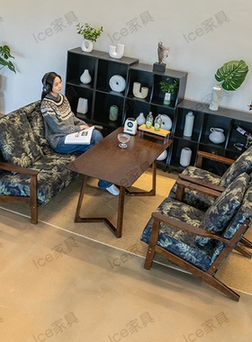 美式连锁复古印花布艺奶茶店咖啡厅酒店民宿休闲实木沙发桌椅组合