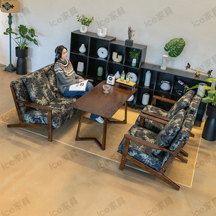 美式 连锁复古印花布艺奶茶店咖啡厅酒店民宿休闲实木沙发桌椅组合