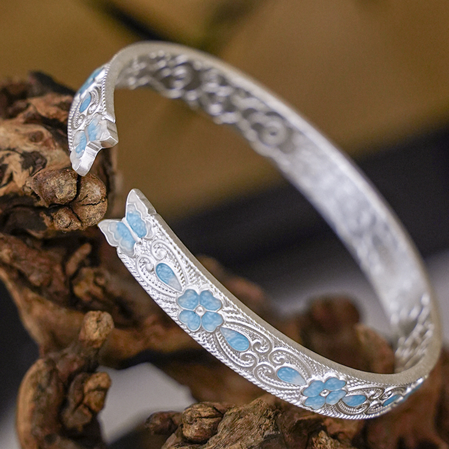 沁恋足银999珐琅彩四叶草银手镯女新中式国风纯银实心开口送礼物