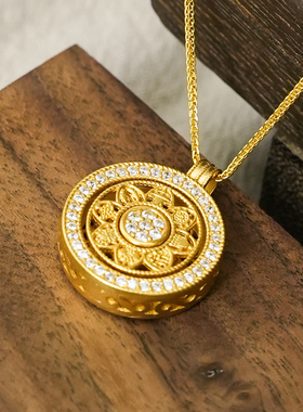 足银999镶钻旋转八宝罗盘项链