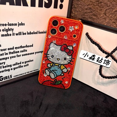 适用苹果17promac镶钻手机壳kitty橘色系16水钻保护壳iphone15/14