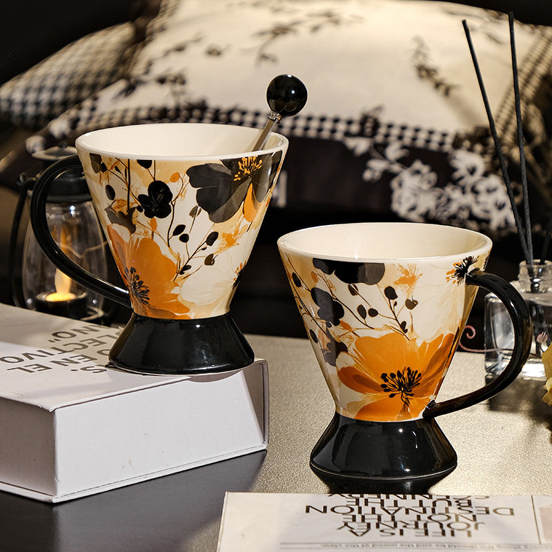 复古风马克杯陶瓷高脚杯高颜值办公室咖啡杯节日伴手礼高级感水杯