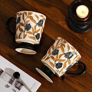 中古风陶瓷马克杯办公室咖啡杯情侣高脚杯喝水杯高颜值伴手礼杯子