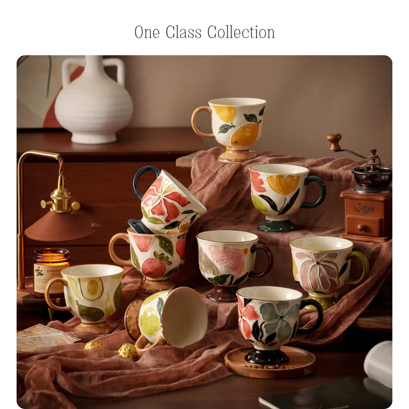 浮雕高脚早茶杯中古带把陶瓷早餐杯燕麦咖啡杯轻奢高级外贸水杯