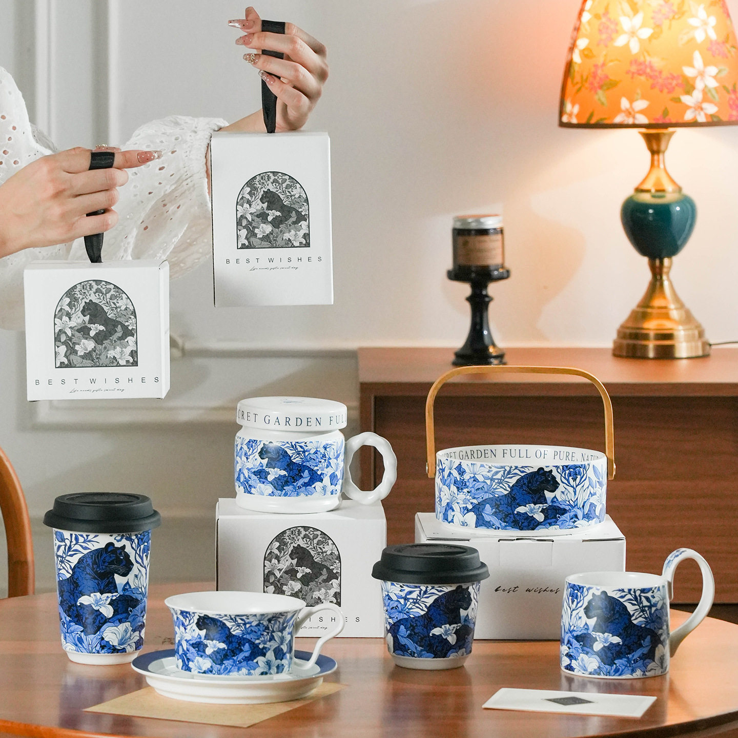 Veloce花林豹影陶瓷杯套装创意马克杯高颜值咖啡杯碟礼盒装伴手礼